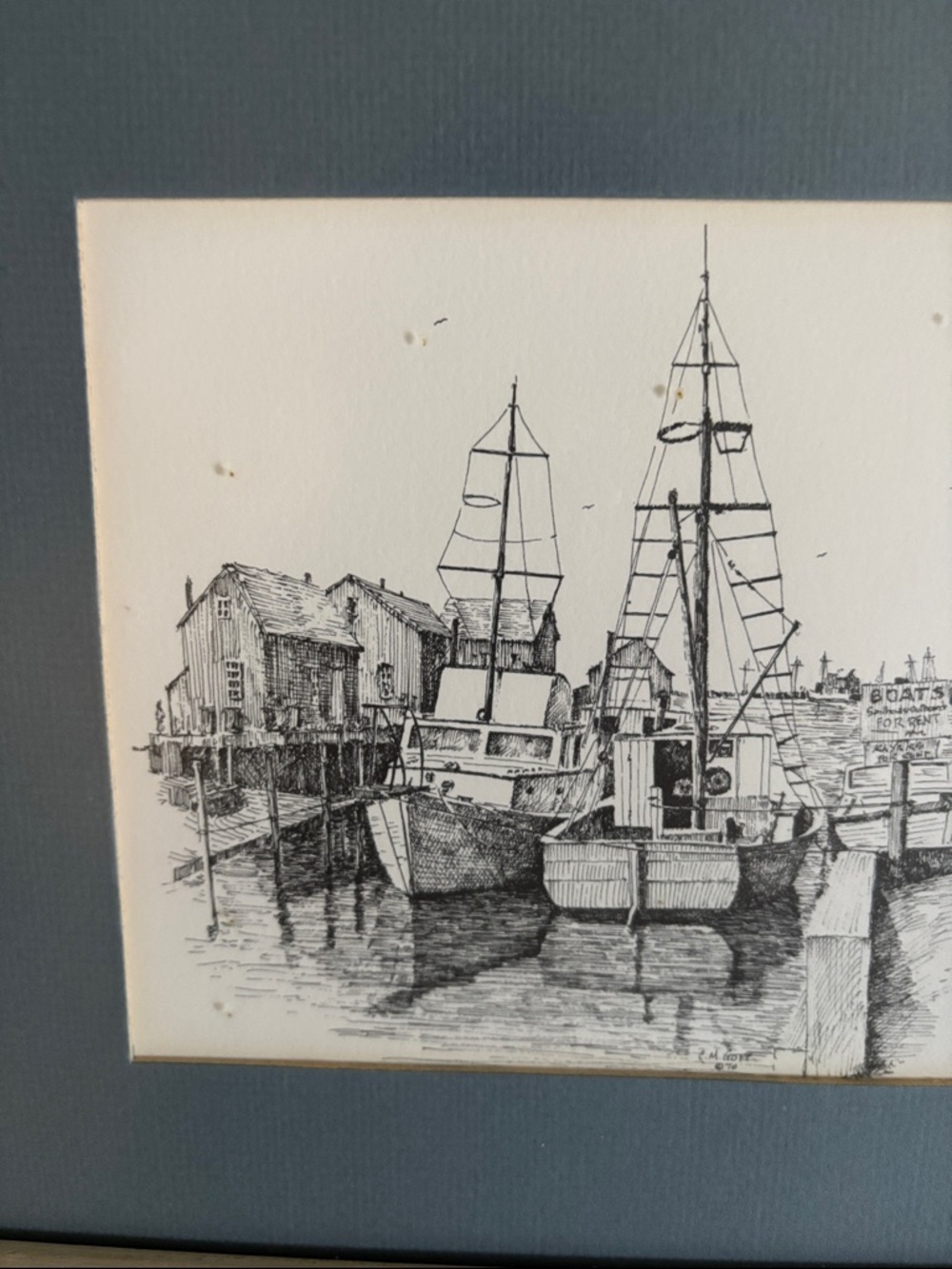 Framed Harbor Pen & Ink Art Print of Menemsha Harbor, 9” x 11” Framed - Picture 3 of 6